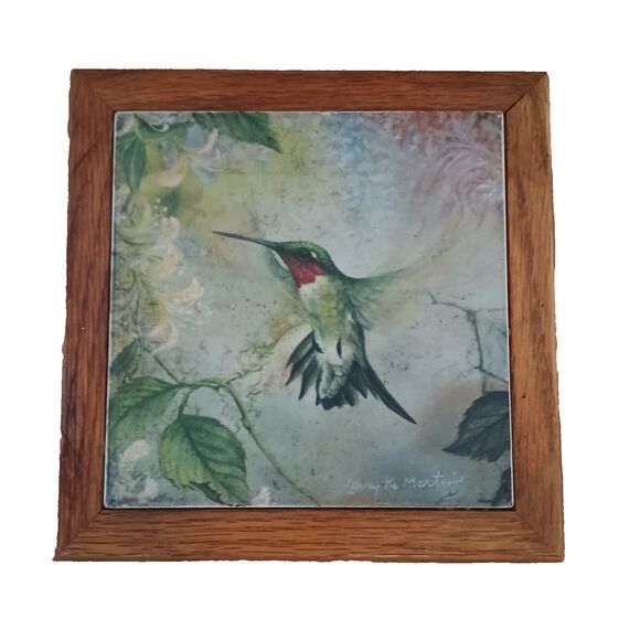 Larry K Martin Signed ceramic tile 7x7 hummingbird Hotplate Trivet Wood Frame - Picture 1 of 12